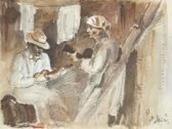 Two Men Playing The Guitar In An
 Interior In San Jose (recto); Agroup Of Men On A Hilltop, One With A 
Dog And A Gun, And A Study Ofa Woman (verso) Oil Painting by Camille Pissarro