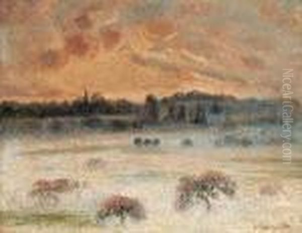 Soleil Couchant Avec Brouillard, Eragny Oil Painting by Camille Pissarro