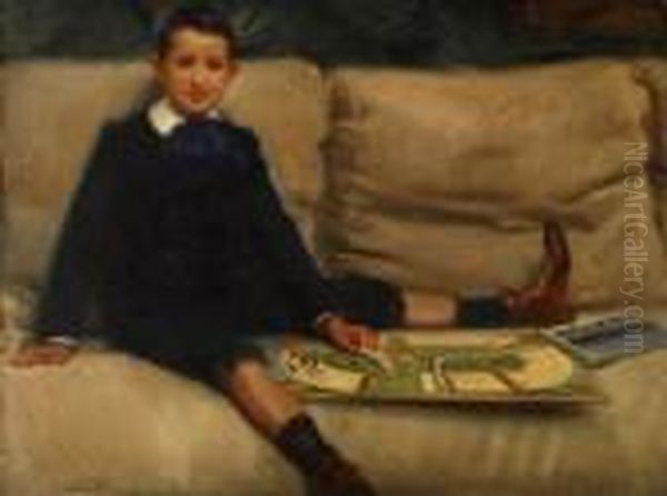 Nino Jugando A Las Carreras De Caballos Oil Painting by Cecilio Pla