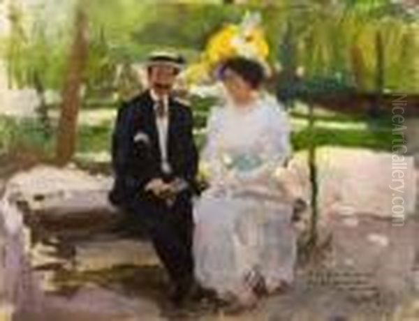 Pareja Sentada En El Jardin Oil Painting by Cecilio Pla