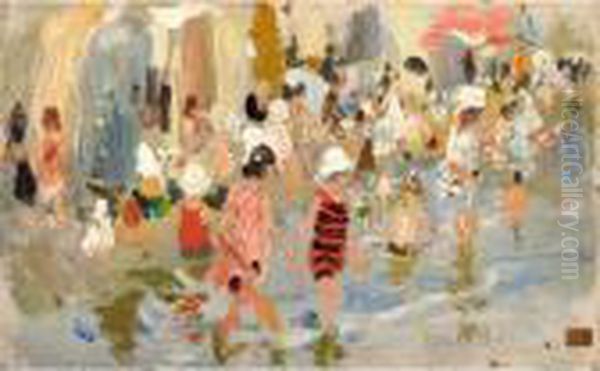 Ninos En La Playa (children On The Beach) Oil Painting by Cecilio Pla