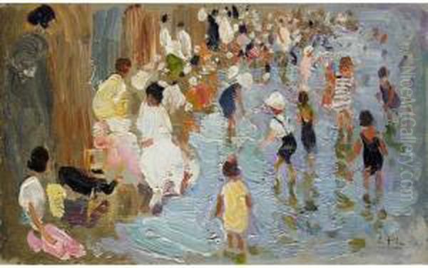 Junto Al Pabellon De Las Arenas,
 Sobre El Mar, Valencia (the Swimming Lagoon, Valencia Beach) Oil Painting by Cecilio Pla