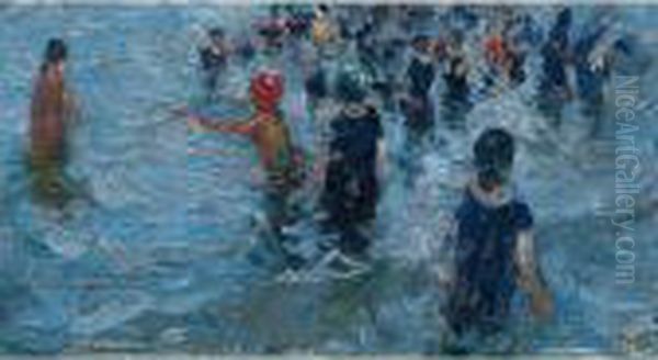 Personajes En La Playa (children On The Beach) Oil Painting by Cecilio Pla