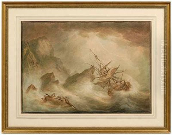 Rocky Coast In Stormy Sea, Shipwreck And
 Life Boat Oil Painting by Nicholas Pocock