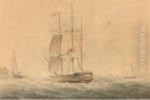 A Frigate Offshore, Astern Of A 
Large Cutter, With An Armed Luggeroff Her Starboard Beam; And A Frigate 
Reefed Down In Heavyweather Oil Painting by Nicholas Pocock