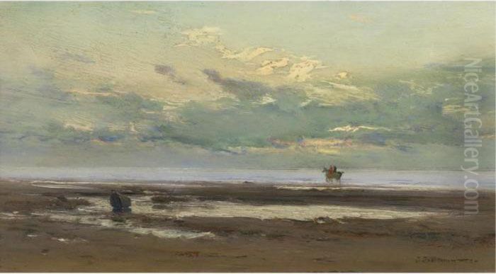 On The Beach, Biarritz. Effect At Evening, Late 1880 Oil Painting by Ivan Pavlovich Pokhitonov