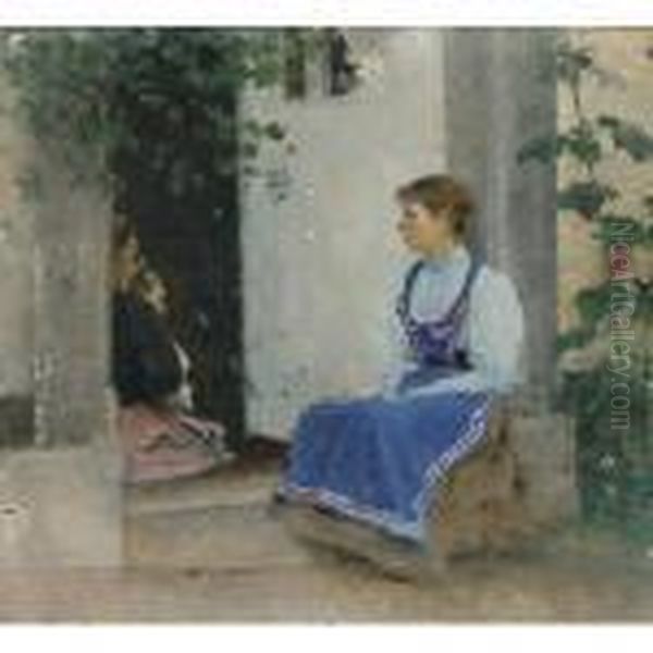 Eugenie, Boris And A Cousin, 
Therese Courtois Along With An Original Black And White Photograph From 
The Family Oil Painting by Ivan Pavlovich Pokhitonov