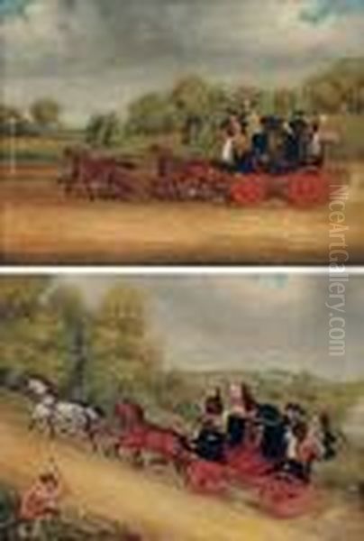 The Cambridge To London Coach; 
And The Manchester-to-london Coach, With A Stonebreaker In The 
Foreground And A Hunt Beyond Oil Painting by James Pollard
