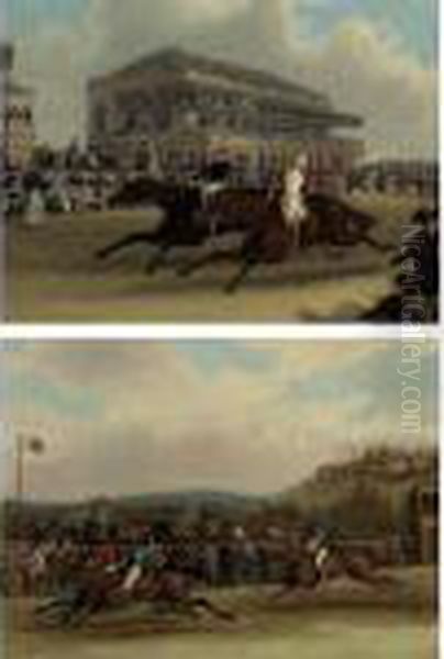 Priam Beating Retriever At 
Doncaster, September 23, 1830 And Captain Beecher On Vivian Winning The 
Hunters' Stakes At Worthy Down, Winchester, July, 1835: A Pair Oil Painting by James Pollard