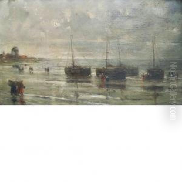 Fishing Boats On The Shore Oil Painting by Edward Antoon Portielje