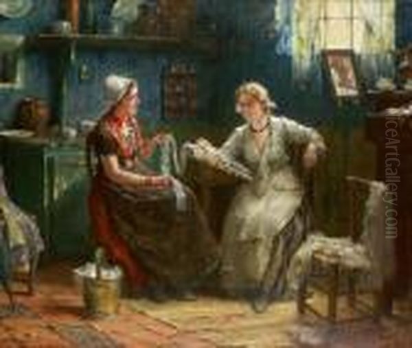 Jeunes Femmes Conversant Et Brodant Oil Painting by Edward Antoon Portielje