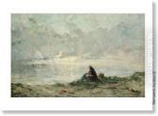 Femme De Pecheur Au Bord De La Mer. Oil Painting by Edward Antoon Portielje