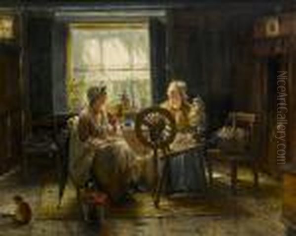Spinning The Wool Oil Painting by Edward Antoon Portielje