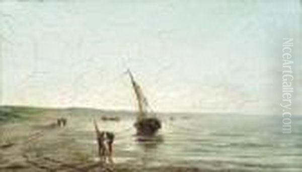 Fisherfolk On Shore
Oil On Canvas Oil Painting by Edward Antoon Portielje