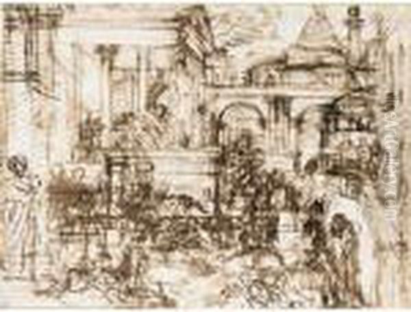Recto: Architectural Capriccio With Figures And A Distant Pyramid
 Verso: Compositional Study With Roman Centurions And A Group Of Women Oil Painting by Nicolas Poussin