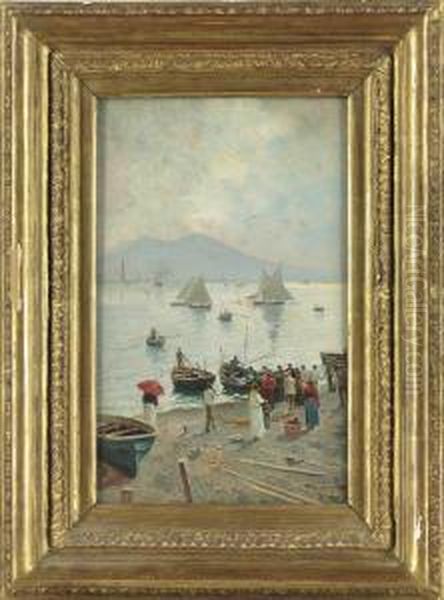 Fishermen Unloading The Catch, In The Bay Of Naples Oil Painting by Attilio Pratella