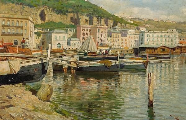 Fishing Boats In A Harbor Oil Painting by Attilio Pratella