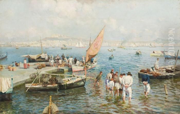 Marina Con Pescatori Oil Painting by Attilio Pratella