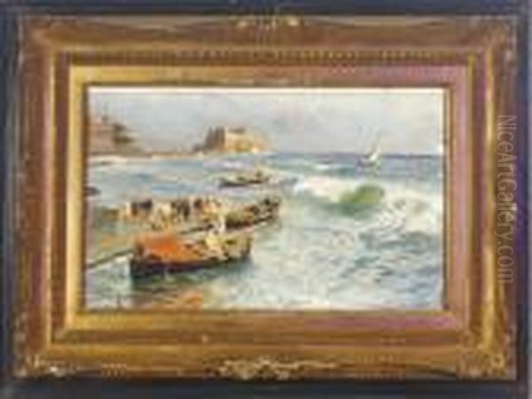 Fishermen Setting Out To Sea, Near The Castello Dell'oro,naples Oil Painting by Attilio Pratella