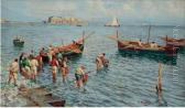 Marina Con Pescatori Oil Painting by Attilio Pratella