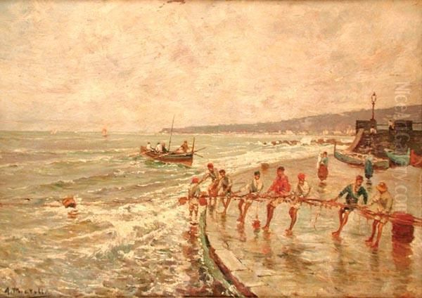 Marina Di
Napoli Con Pescatori Alla Rete Oil Painting by Attilio Pratella
