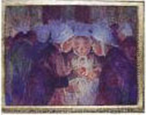 Trois Jeunes Bretonnes Allumant 
Leur Cierge Avant La Procession Aquarelle Gouachee Signee En Haut A 
Gauche Oil Painting by Ferdinand Loyen Du Puigaudeau