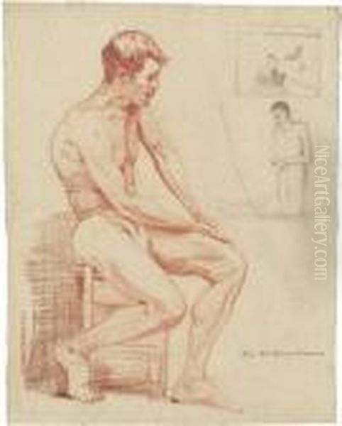 Studienblatt Mit Einem Sitzenden
 Mannlichen Akt, Einer Mannlichen Figur In Einem Boot, Die Hande 
Uberkreuzt, Und Dem Dazugehorigen Kompositionsentwurf Fur Ein Gemalde Oil Painting by Pierre-Cecile Puvis De Chavannes