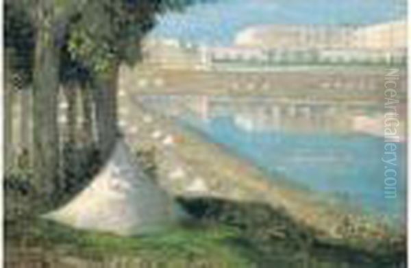 Vue Sur Le Chateau De Versailles Et L'orangerie, 1871 (piece D'eau
 Des Suisses A Versailles, 1871) Oil Painting by Pierre-Cecile Puvis De Chavannes