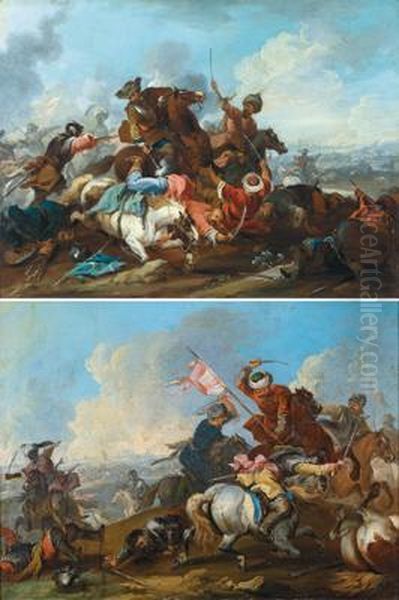 Combattimento Fra Cavalieri 
Imperiali E Turchi; Combattimento Fraturchi E Cavalieri Imperiali Oil Painting by August Querfurt