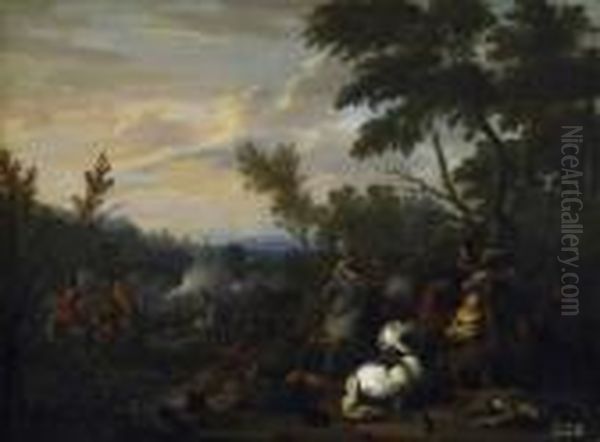 Two Paintings. A) Cavalry Battle
 In A River Landscape. Denoted With Stock Number Below Right: 421 Oil Painting by August Querfurt