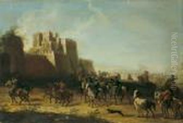 Zwei Militarische Szenen. 1. Feldlager. 2. Kavallerie Vor Einer Festung. Oil Painting by August Querfurt