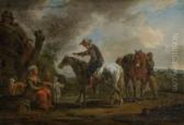 Zwei Reiter Und Eine Rastende
 Bauerin Mit Ihrem Kind Oil Painting by August Querfurt