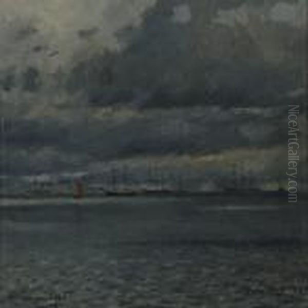 Marine And Still Life With Fruit
 And Glass On A Table, On One Cardboard Recto And Verso Mounted In One 
Frame Oil Painting by Victor H.W. Qvistorff