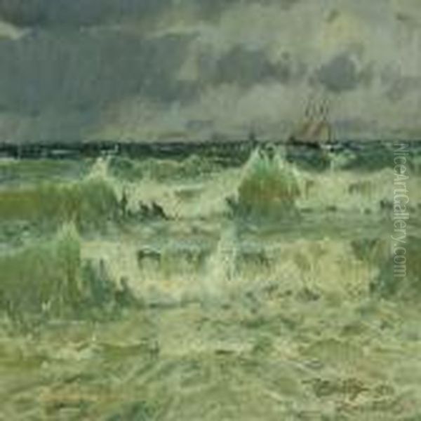 Danish Tempestuous Seascape Oil Painting by Victor H.W. Qvistorff