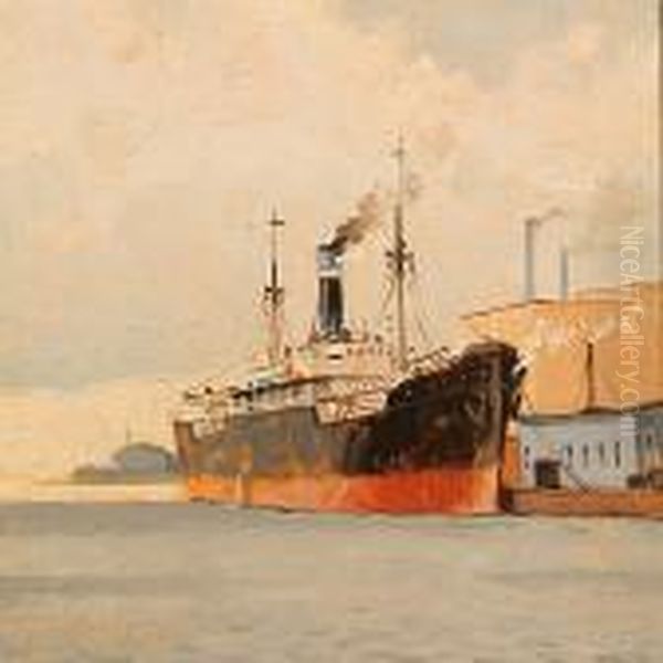 Harbour Scene With A Ship At The Quay Oil Painting by Victor H.W. Qvistorff