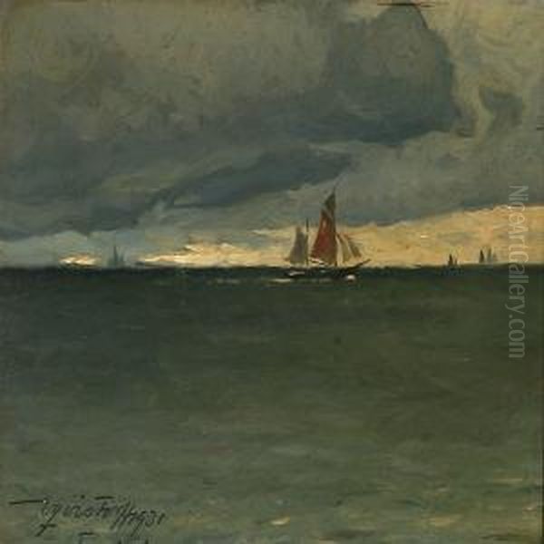 Marine With Sailing Ships A Lateevening At Taarbaek, Denmark Oil Painting by Victor H.W. Qvistorff