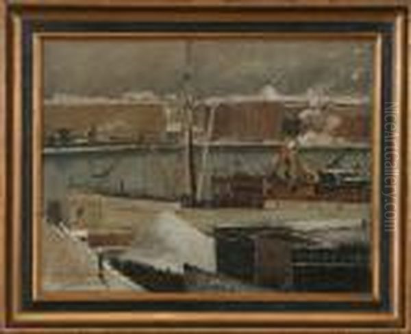 Decemberdag I Havnen Oil Painting by Victor H.W. Qvistorff