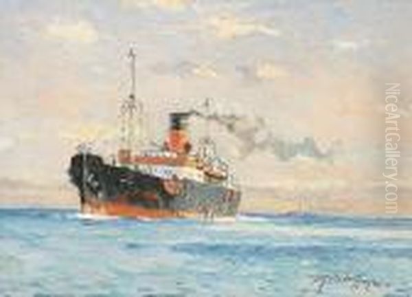 A Cargo Steamer Oil Painting by Victor H.W. Qvistorff
