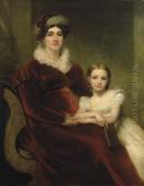 Double Portrait Of Mrs Alexander
 Allan, Three-quarter-length,seated In A Crimson Velvet Dress With White
 Ruff And Cuffs And Acrimson And White Turban, With Her Granddaughter, 
Matilda, In Awhite Lace Dress Holding A Leather Bound Book Oil Painting by Sir Henry Raeburn