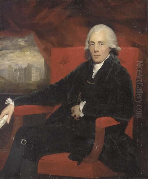 Portrait Of A Gentleman, Seated 
Three-quarter-length, In A Black Coat And Breeches, Holding A Scroll, 
The Bridewell Beyond Oil Painting by Sir Henry Raeburn
