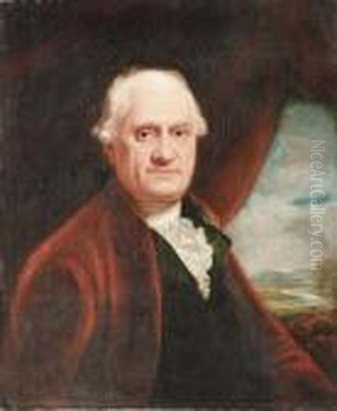 Portrait Of A Gentleman, Half 
Length, In A Red Coat And Whiteshirt, Before A Draped Curtain, A 
Landscape Beyond Oil Painting by Sir Henry Raeburn