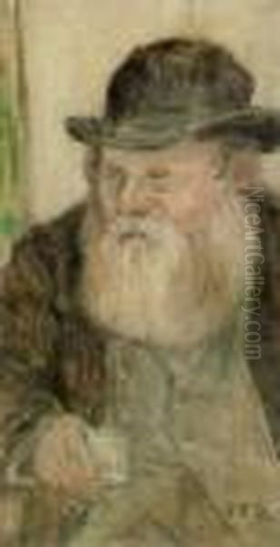 Portrait Of An Old Man Seated 
Half-length Holding A Glass; Oil On Board, Bears Initials, 22x9.5cm Oil Painting by Jean-Francois Raffaelli