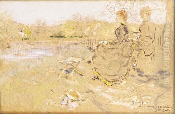 Couple Au Bord De La Riviere Oil Painting by Jean-Francois Raffaelli
