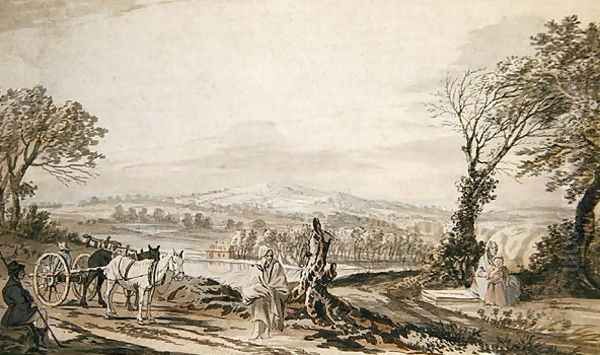 Travellers resting by a road above a river valley Oil Painting by Paul Sandby