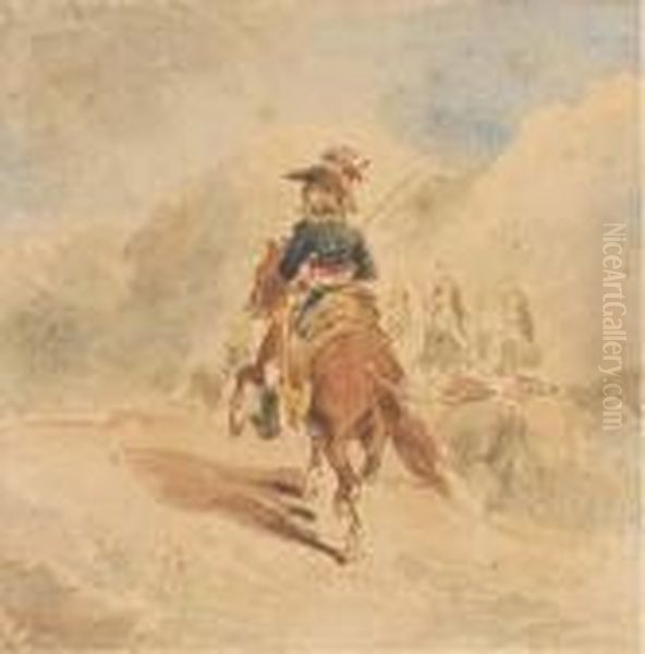 Un General De Brigade En Grande Tenue A Cheval Precede D'un Pelotonde Dragons A Cheval Oil Painting by Auguste Raffet
