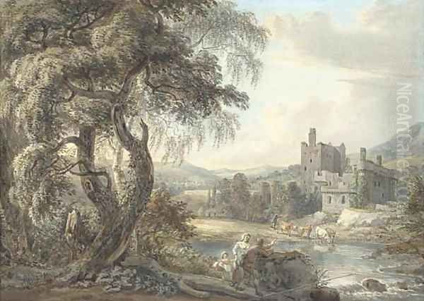 A wooded river landscape with figures and cattle, a castle beyond Oil Painting by Paul Sandby