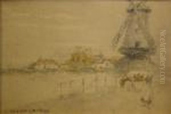 A Canal Scene With A Cow And A 
Young Girl In The Foreground, A Windmill And Buildings In The 
Background. Oil Painting by Victor Noble Rainbird