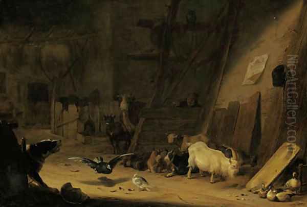 A barn interior with cattle, pigeons and a dog barking at a peasant Oil Painting by Cornelis Saftleven