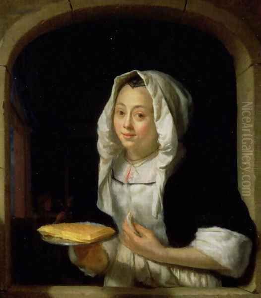 Portrait of a maid holding a waffle Oil Painting by Godfried Schalcken