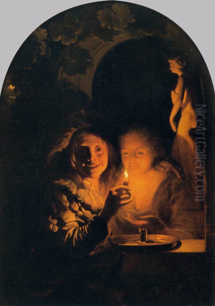 Lovers Lit by a Candle Oil Painting by Godfried Schalcken
